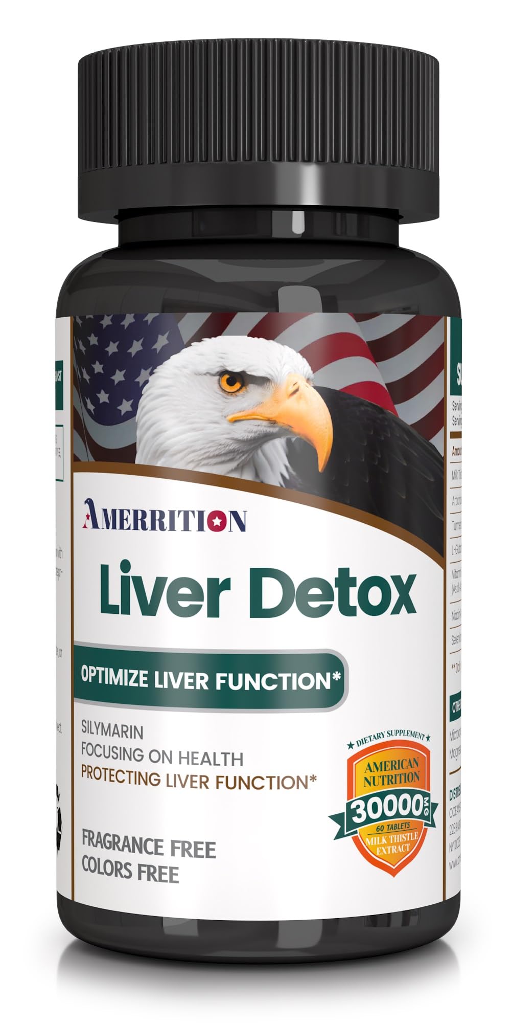 Amerrition liver-support tablets in bottle for daily detox potential.