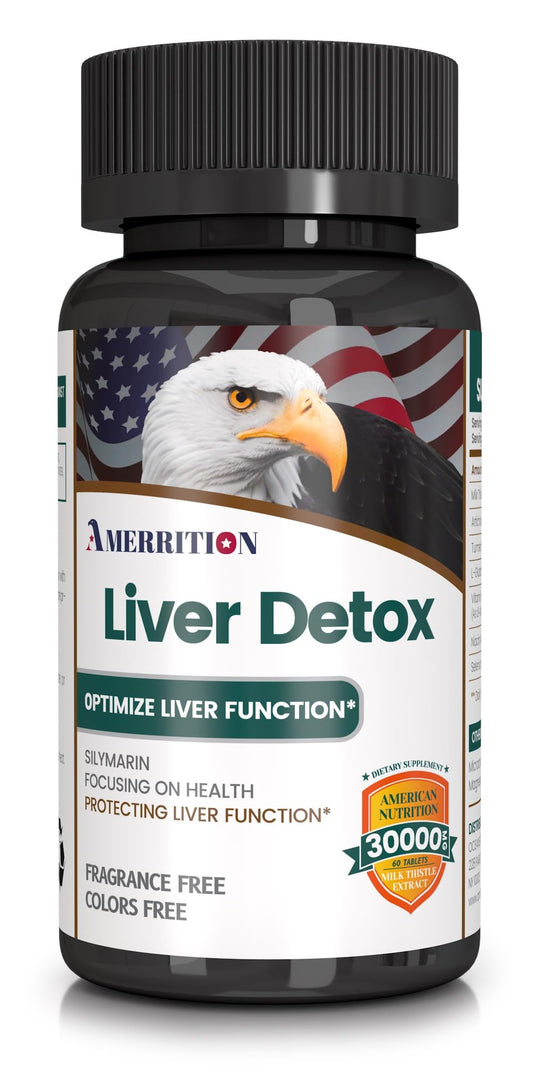 Amerrition liver-support tablets in bottle for daily detox potential.