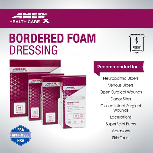 AMERX Bordered Foam Dressing absorbs large volumes of wound fluid.