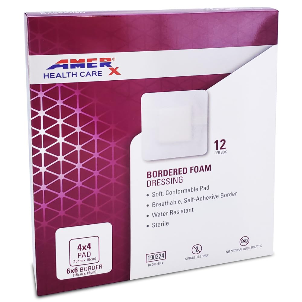 AMERX bordered foam dressing with adhesive border for secure placement and drainage management.