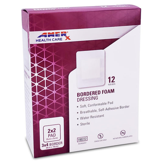 AMERX Bordered Foam Dressing with adhesive border provides secure coverage for moderate drainage.