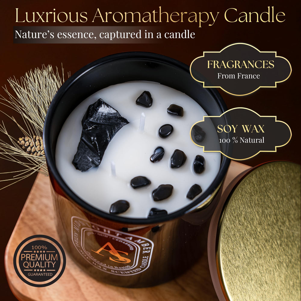Ames Soeurs Amber Oud candle showing crystal inside for meditation focus.