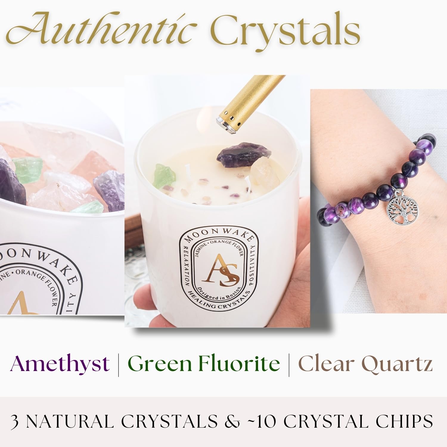 Ames Soeurs green fluorite and clear quartz crystals with candle ritual