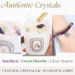 Ames Soeurs green fluorite and clear quartz crystals with candle ritual