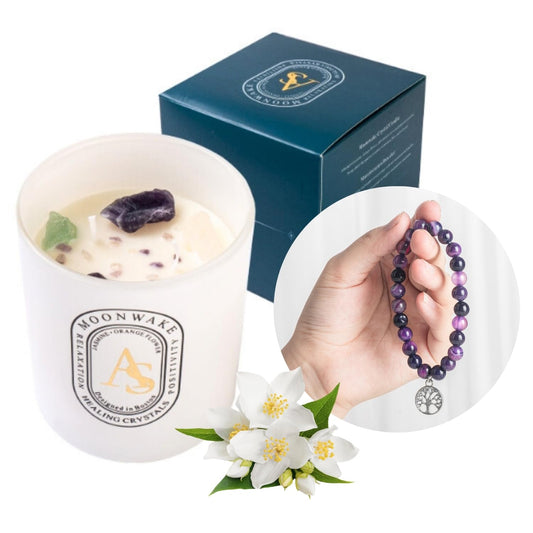 Ames Soeurs healing crystal candle with amethyst bracelet set for calming ambiance