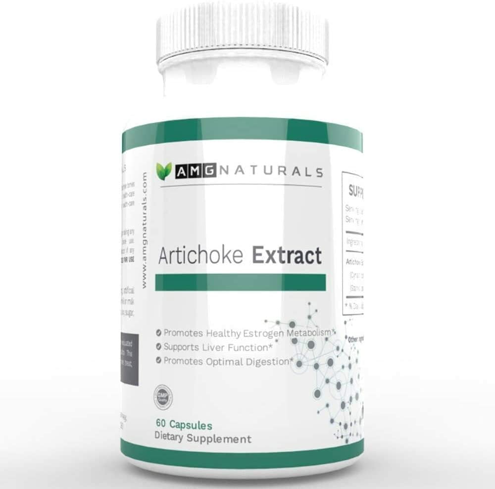 AMG Naturals Artichoke Extract capsules label with cynarin content
