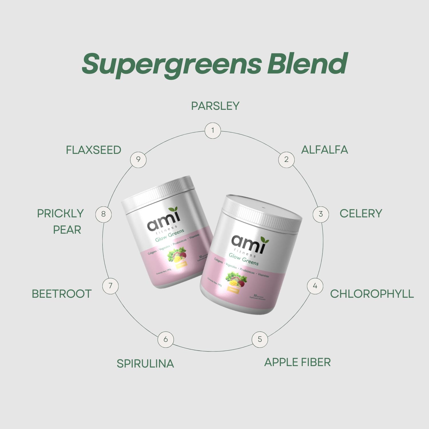 A glass of Ami Fitness Glow Greens Juice hints at a refreshing wellness ritual.