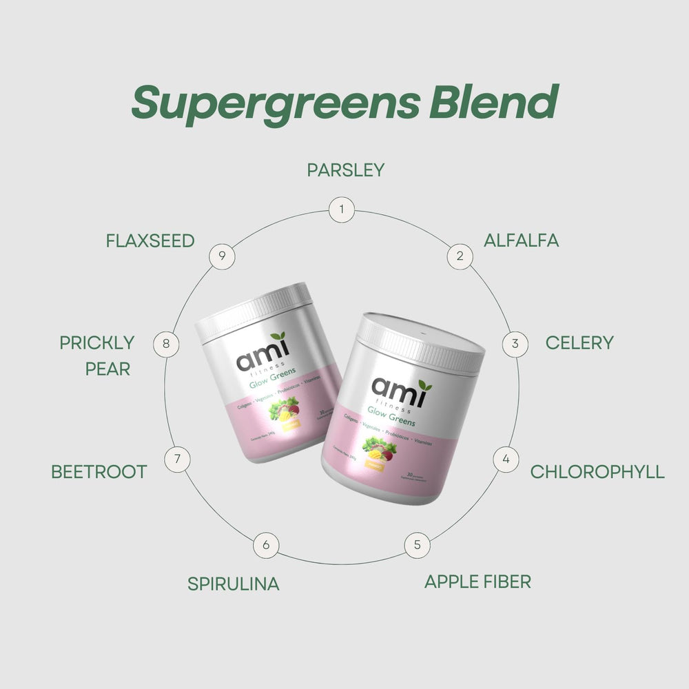 A glass of Ami Fitness Glow Greens Juice hints at a refreshing wellness ritual.