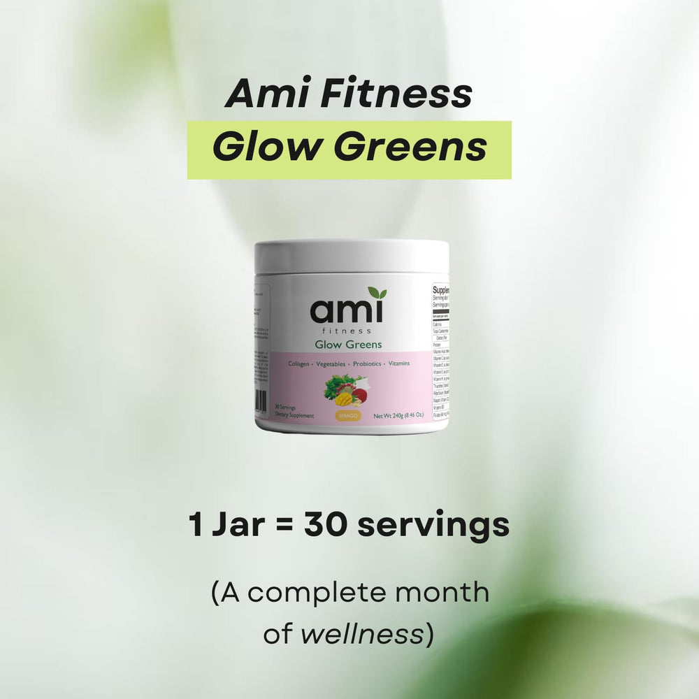 Ami Fitness Glow Greens Powder ingredients highlight spirulina and prickly pear for nutrient richness.