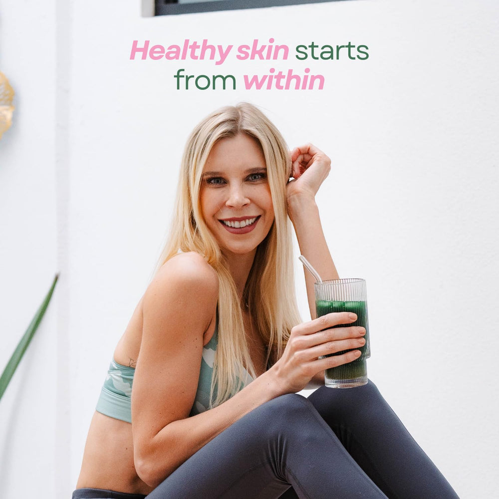 Ami Fitness Glow Greens Powder probiotics and enzymes aid comfortable digestion.