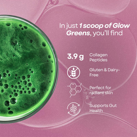 A Ami Fitness Glow Greens Powder scoop pouring suggests quick, convenient daily nutrition.