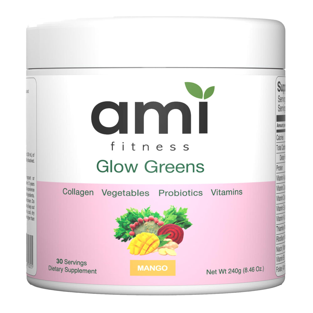 Ami Fitness Glow Greens Powder tub promotes daily greens for skin support.