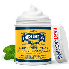 Amish Origins arthritis pain relief cream jar showing fast-acting relief for joints.
