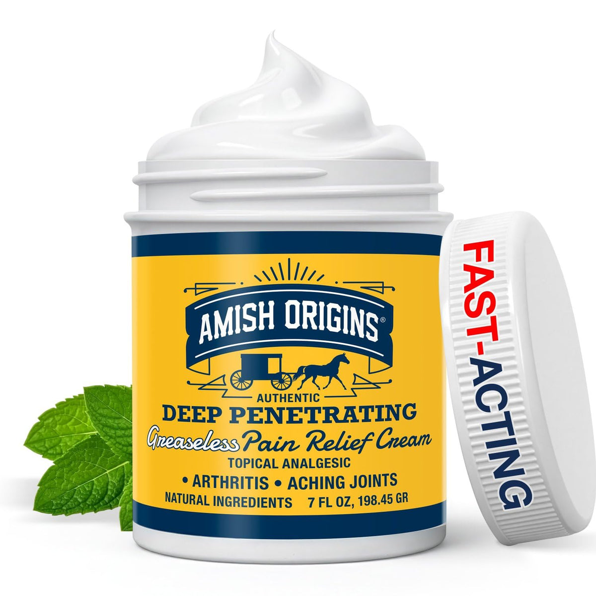 Amish Origins arthritis pain relief cream bottle front with quick-absorption promise
