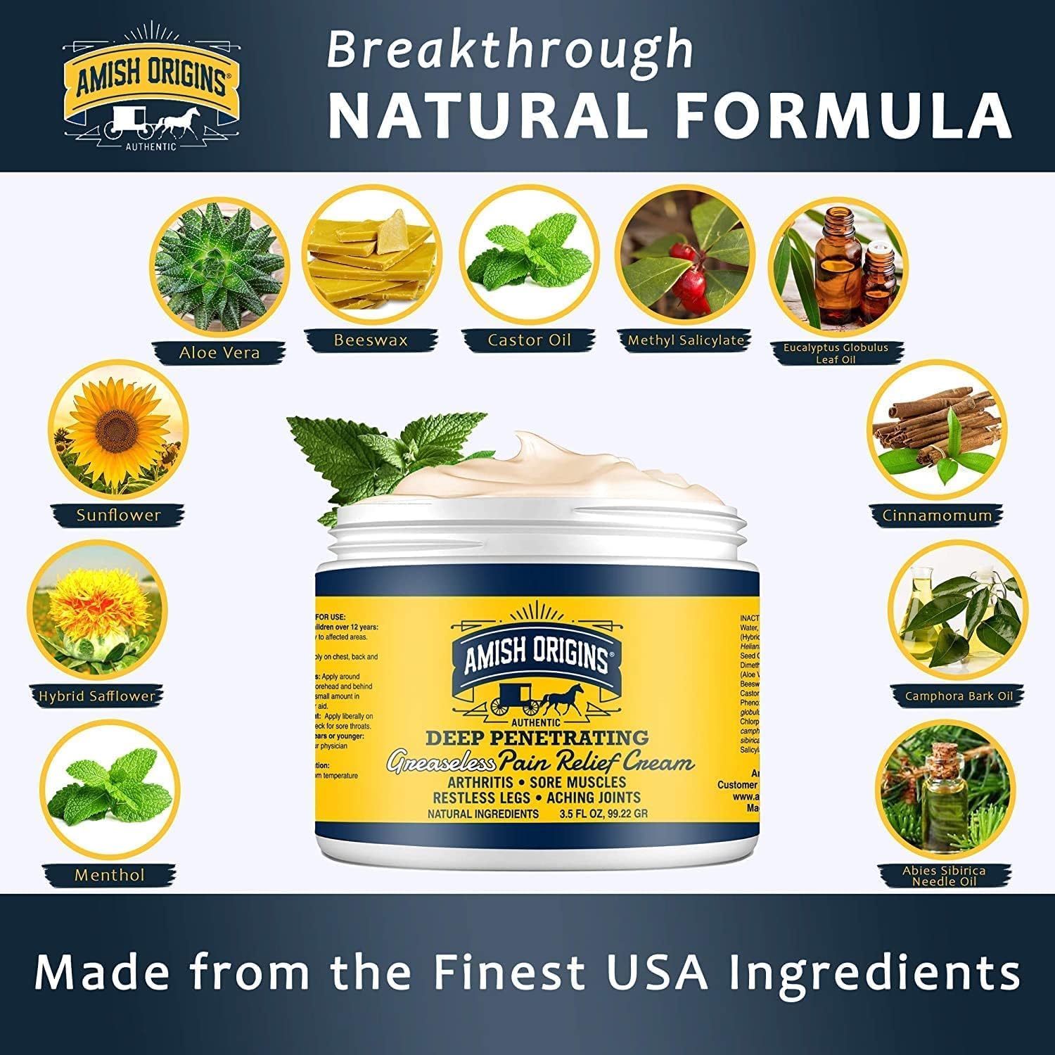 Amish Origins deep-penetrating cream applied to knee for quick soothing relief.