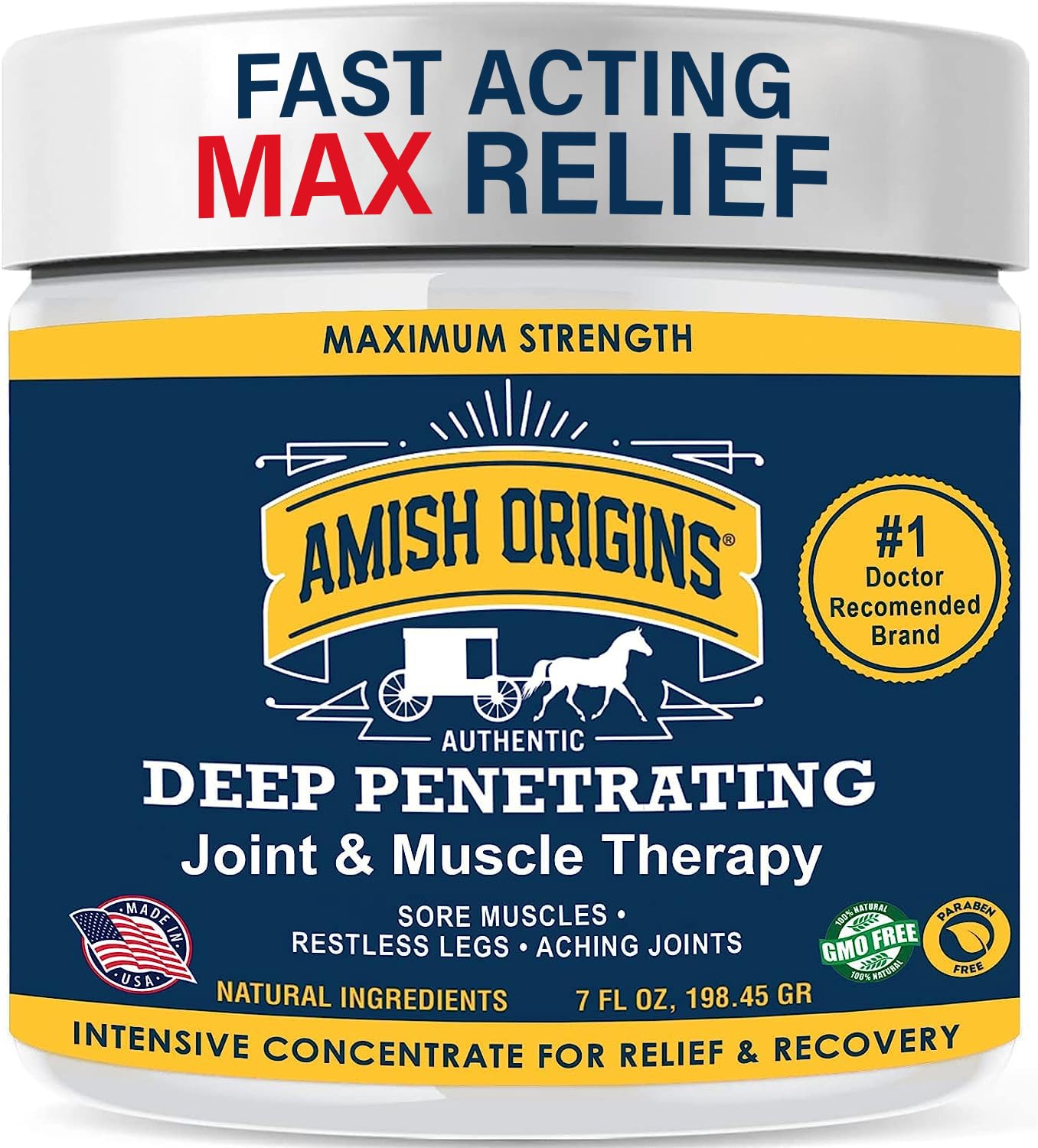 Amish Origins Joint Ointment 7oz bottle for fast deep-penetrating relief.
