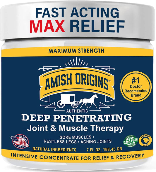 Amish Origins Joint Ointment 7oz bottle for fast deep-penetrating relief.