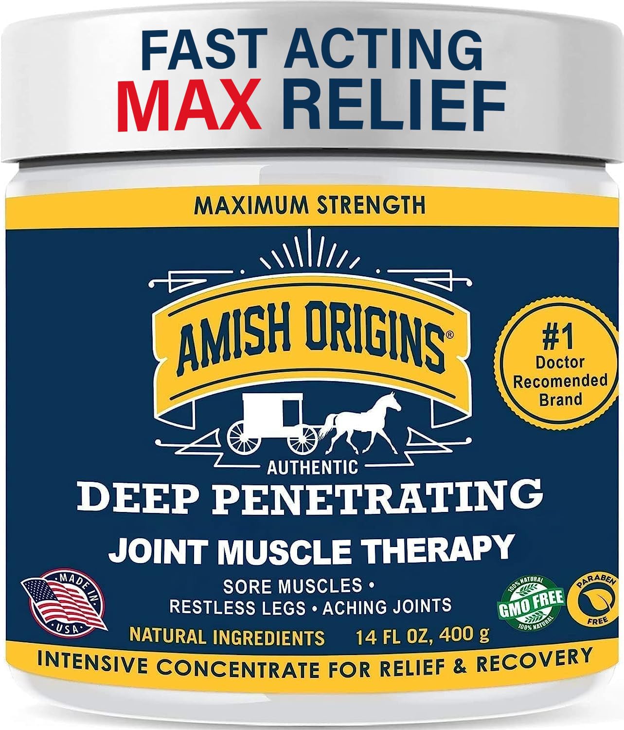 Amish Origins Pain Relief Ointment jar with non-greasy, fast-absorbing joint and muscle support.