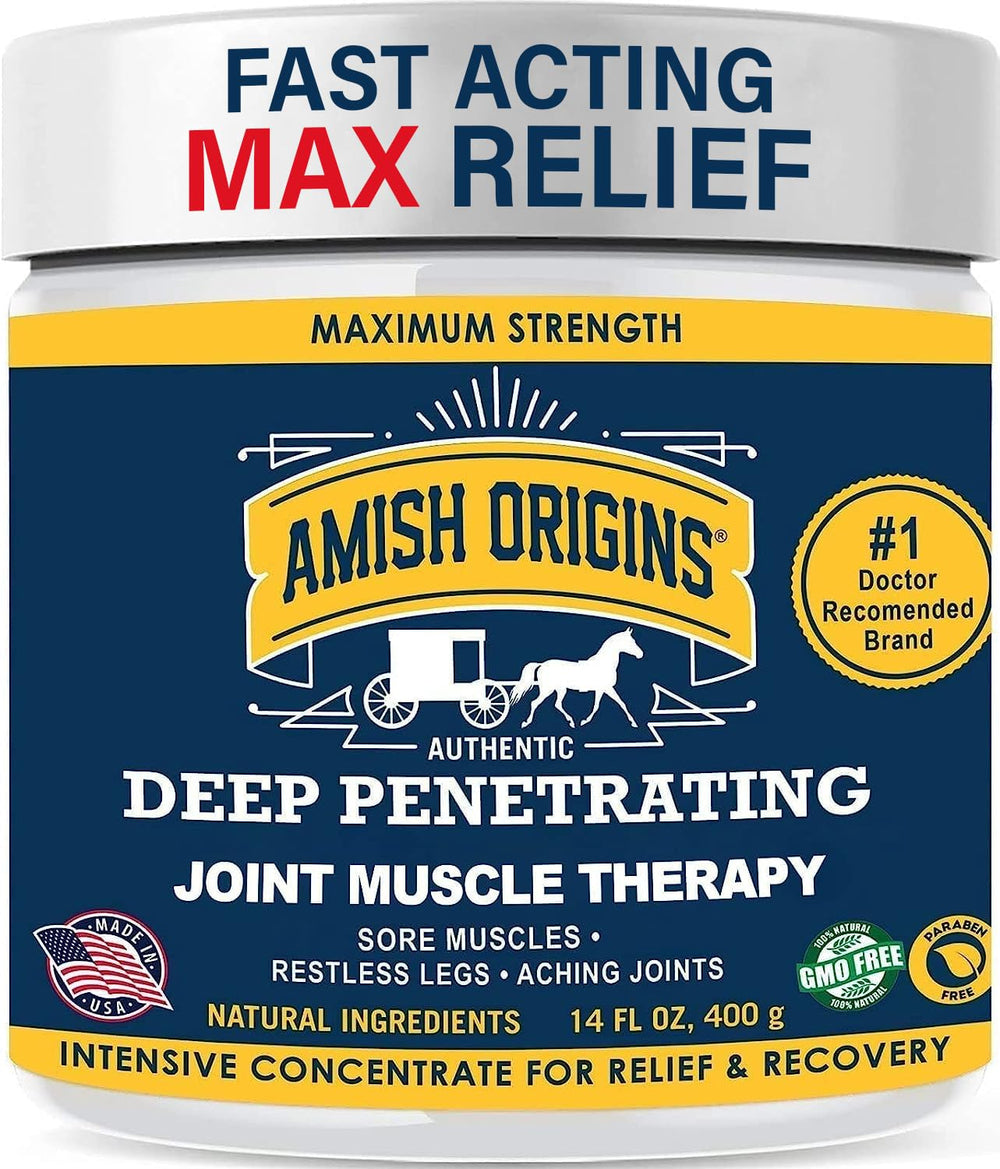 Amish Origins Pain Relief Ointment jar with non-greasy, fast-absorbing joint and muscle support.