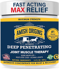 Amish Origins Pain Relief Ointment jar with non-greasy, fast-absorbing joint and muscle support.