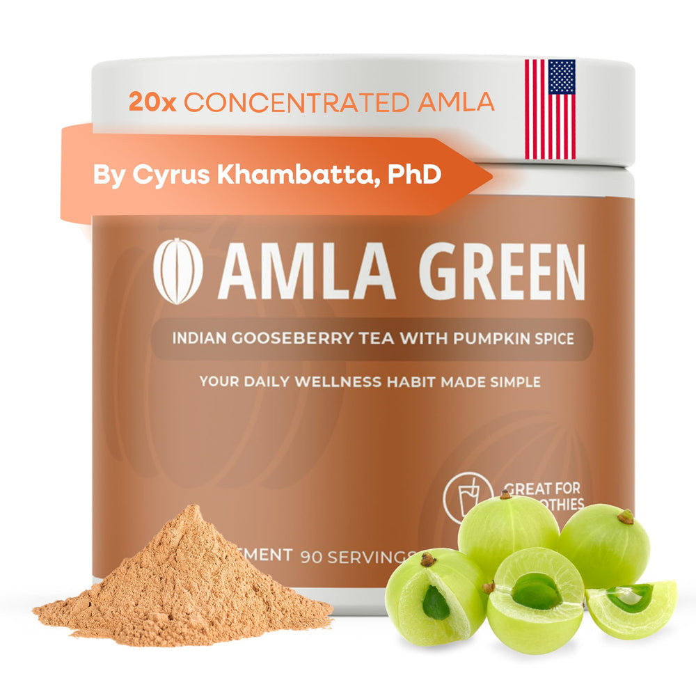 Amla Green 20x concentrated amla powder tub shown for daily antioxidant support