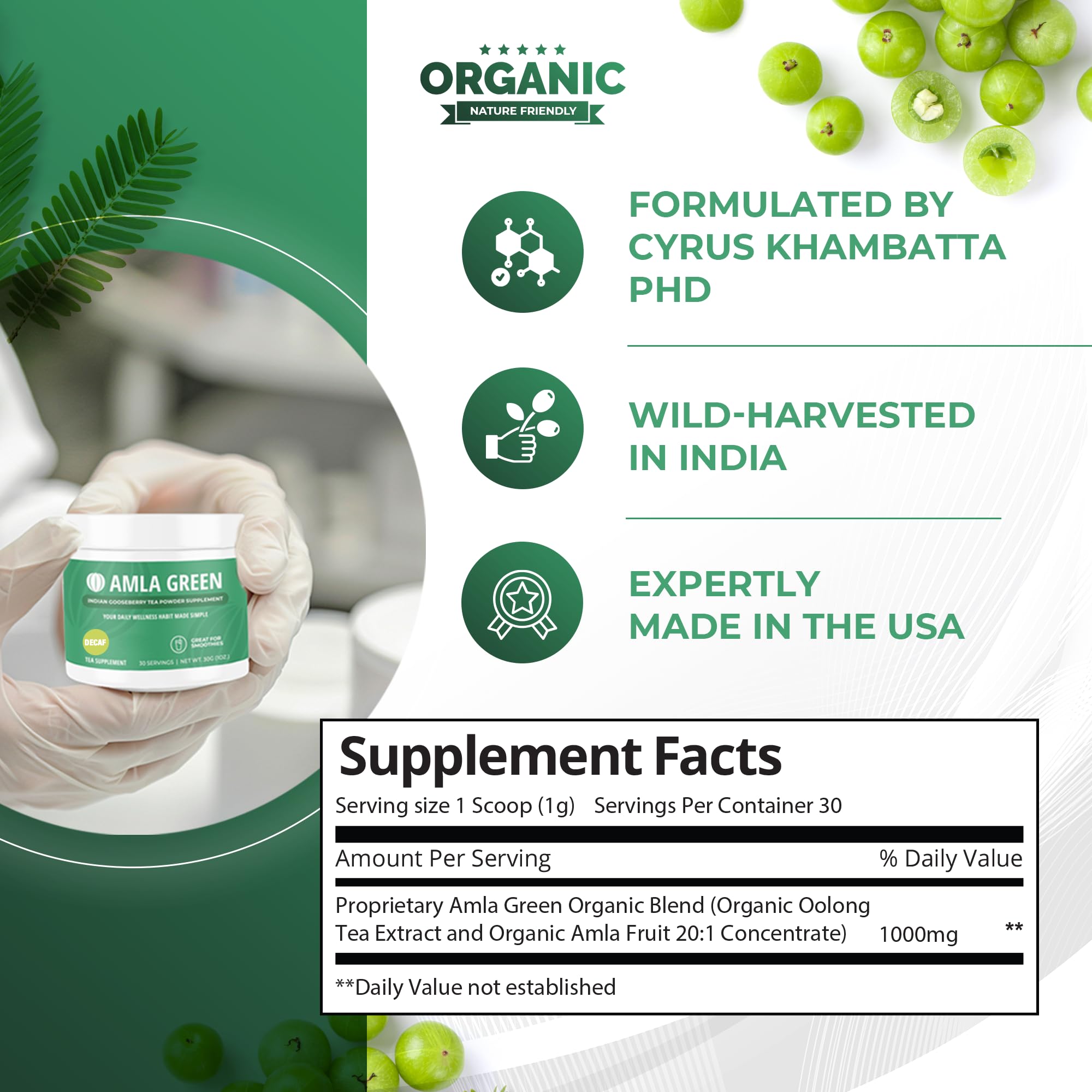 Amla Green decaf green tea powder in a serving cup for hot or cold beverages