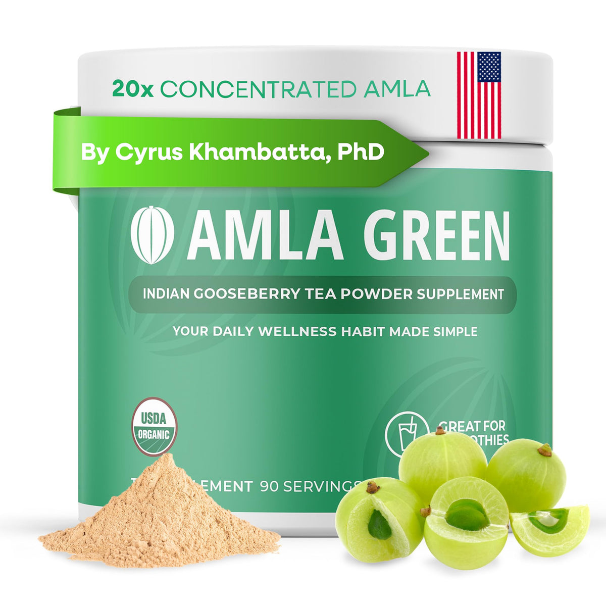 Amla Green powder tub showing 20x concentrated amla for daily antioxidant support.
