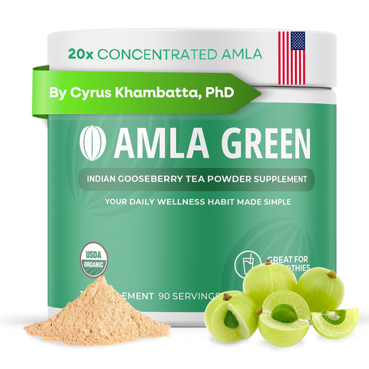 Amla Green powder tub showing 20x concentrated amla for daily antioxidant support.