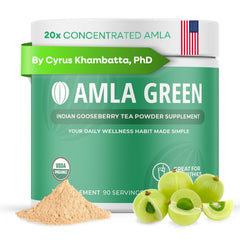 Amla Green powder tub showing 20x concentrated amla for daily antioxidant support.