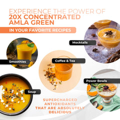 Amla Green smoothie bowl topped with fruit and spices