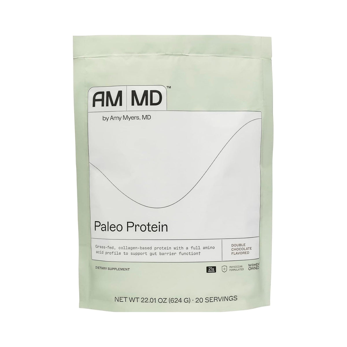 Amy Myers MD Paleo Protein Powder double chocolate tub highlighting collagen for gut support
