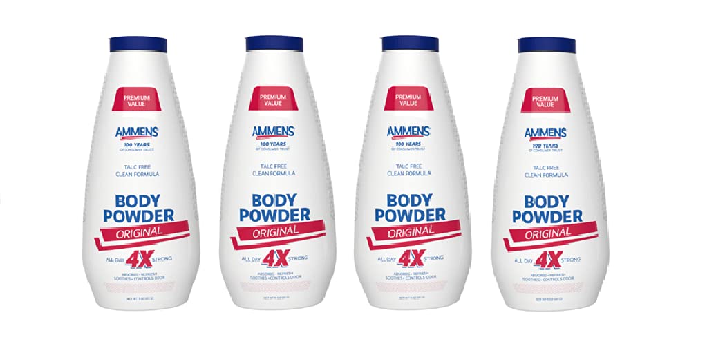 AMMENS Body Powder Original 4-pack box for all-day protection and freshness.