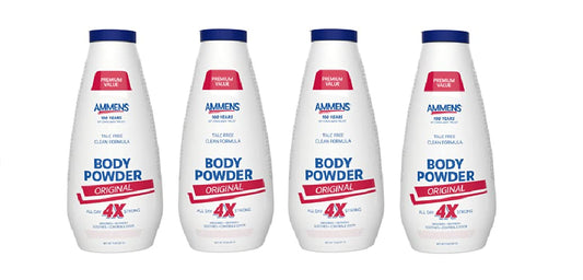 AMMENS Body Powder Original 4-pack box for all-day protection and freshness.