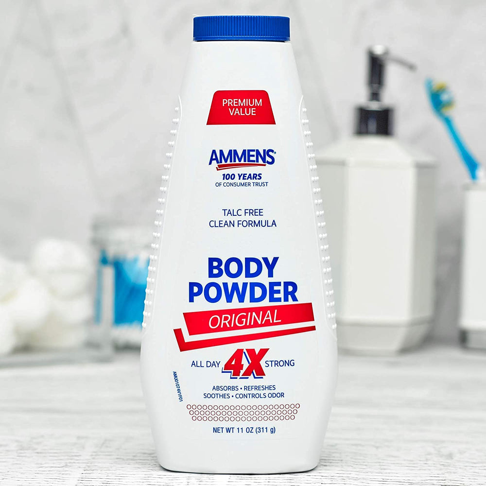 AMMENS Body Powder Original cools and dries feet for comfort.