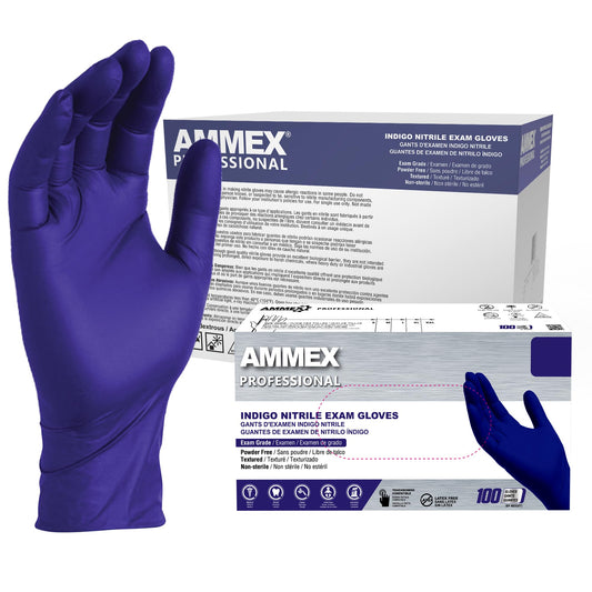 AMMEX Indigo Nitrile Exam Gloves with textured grip for precise handling.
