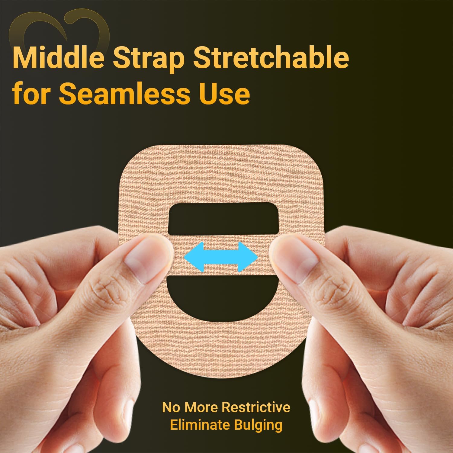 Amolyfe middle strap stretchable backing demonstrates easy fit for Omnipod 5.