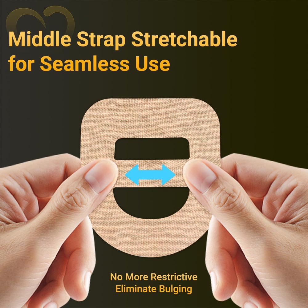 Amolyfe middle strap stretchable backing demonstrates easy fit for Omnipod 5.