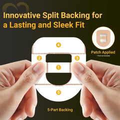 Amolyfe split backing enables seamless wear with reduced adhesive contact.