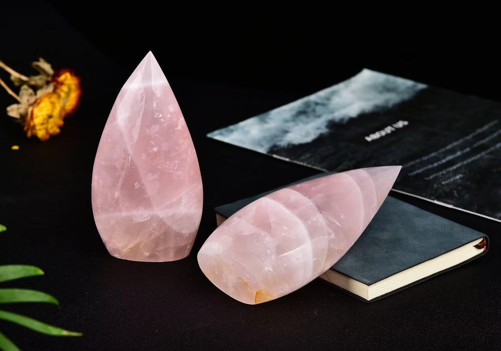 AMOYSTONE rose quartz tower on stand for altar or shelf.