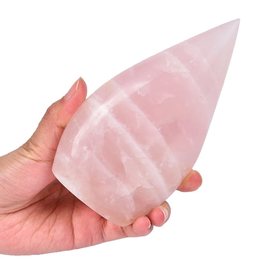 AMOYSTONE rose quartz wand drop viewed from the front, ideal for meditation ambiance.