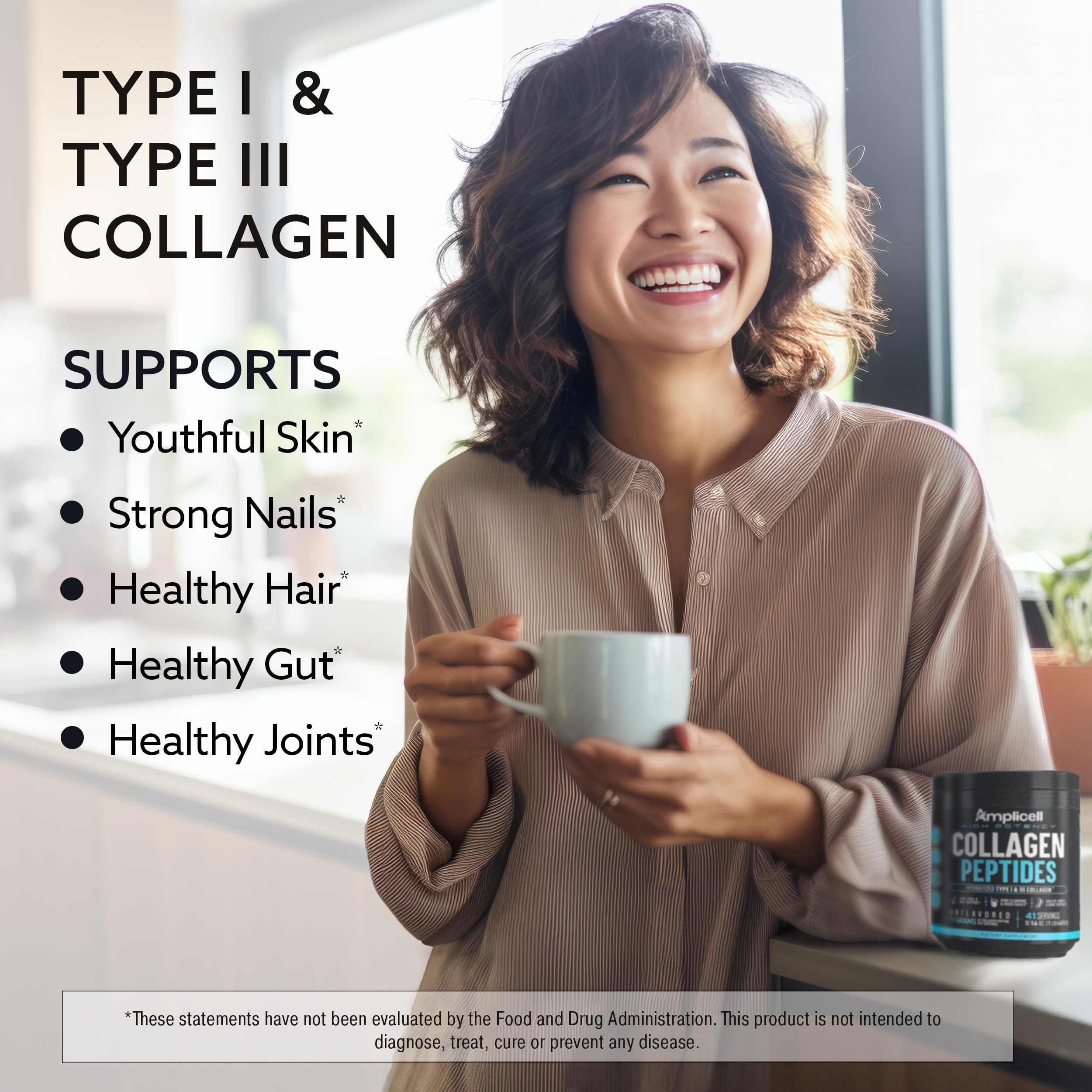 Scoop of Amplicell collagen powder ready to blend into smoothies