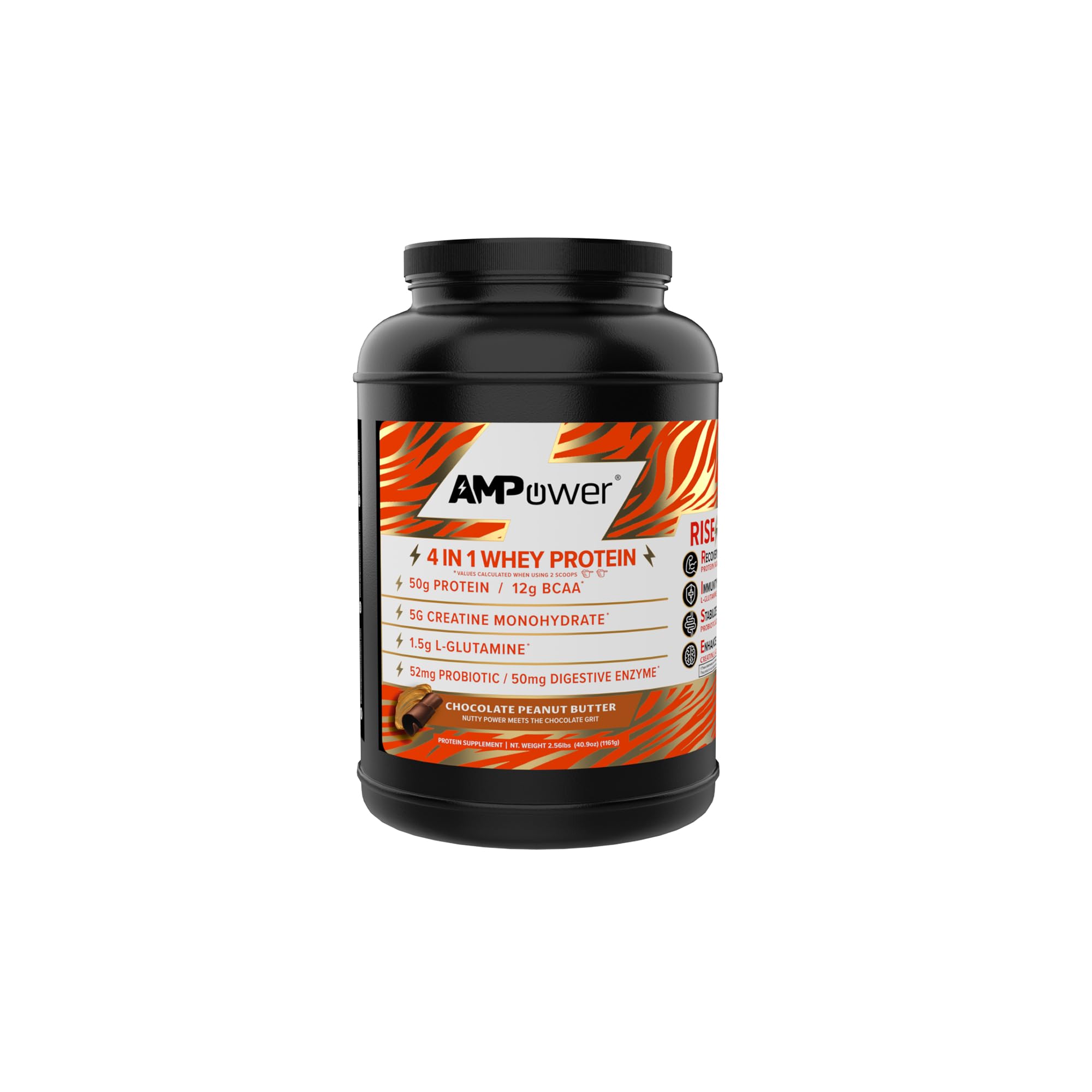 AMPOWER chocolate peanut butter whey powder tub front for premium protein support after training