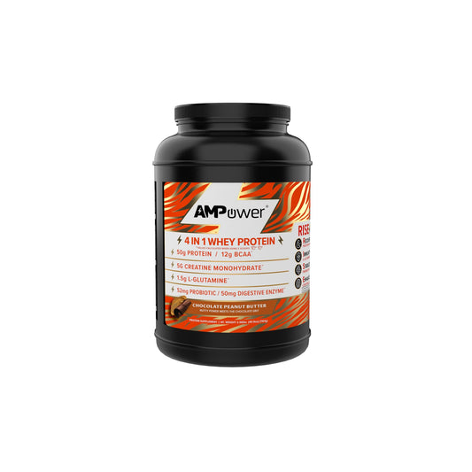 AMPOWER chocolate peanut butter whey powder tub front for premium protein support after training