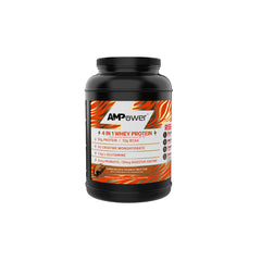AMPOWER chocolate peanut butter whey powder tub front for premium protein support after training