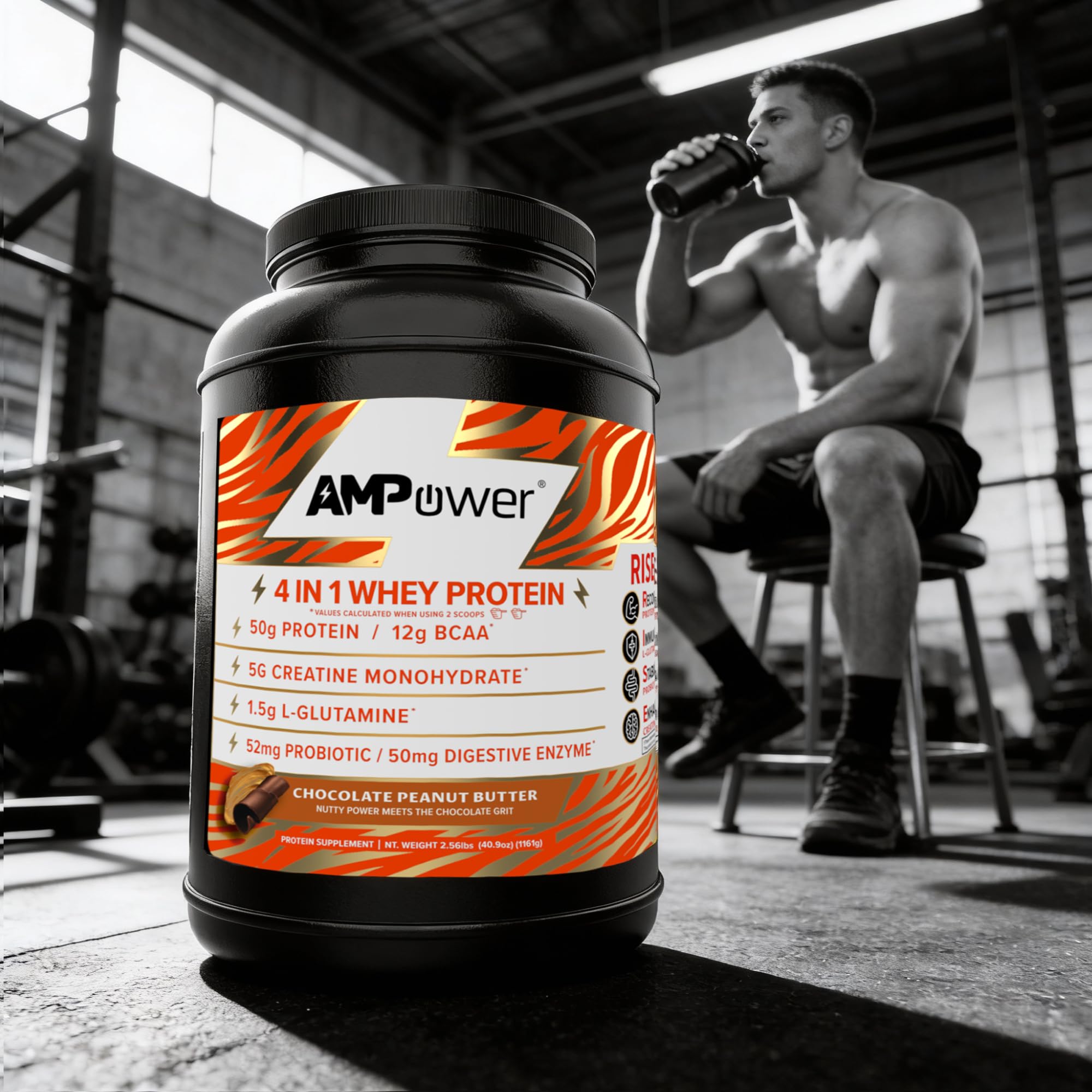 AMPOWER probiotics and digestive enzymes capsules shown for gut-friendly protein support