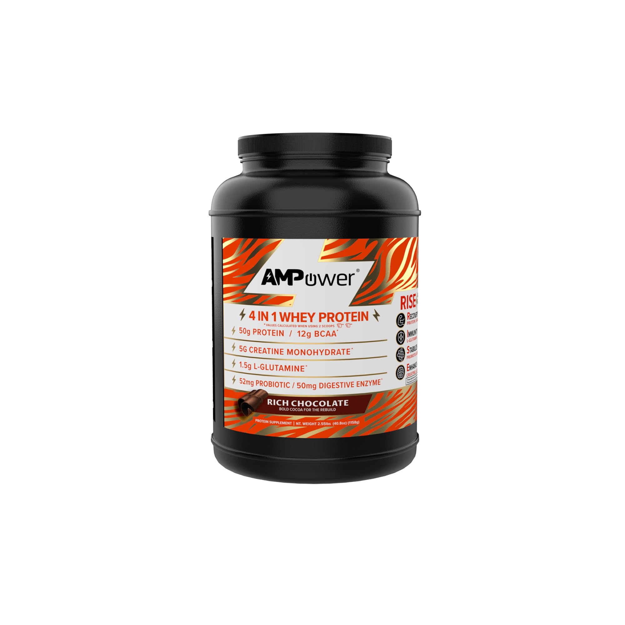 AMPOWER Rich Chocolate Whey Protein Powder bottle highlighting muscle recovery potential