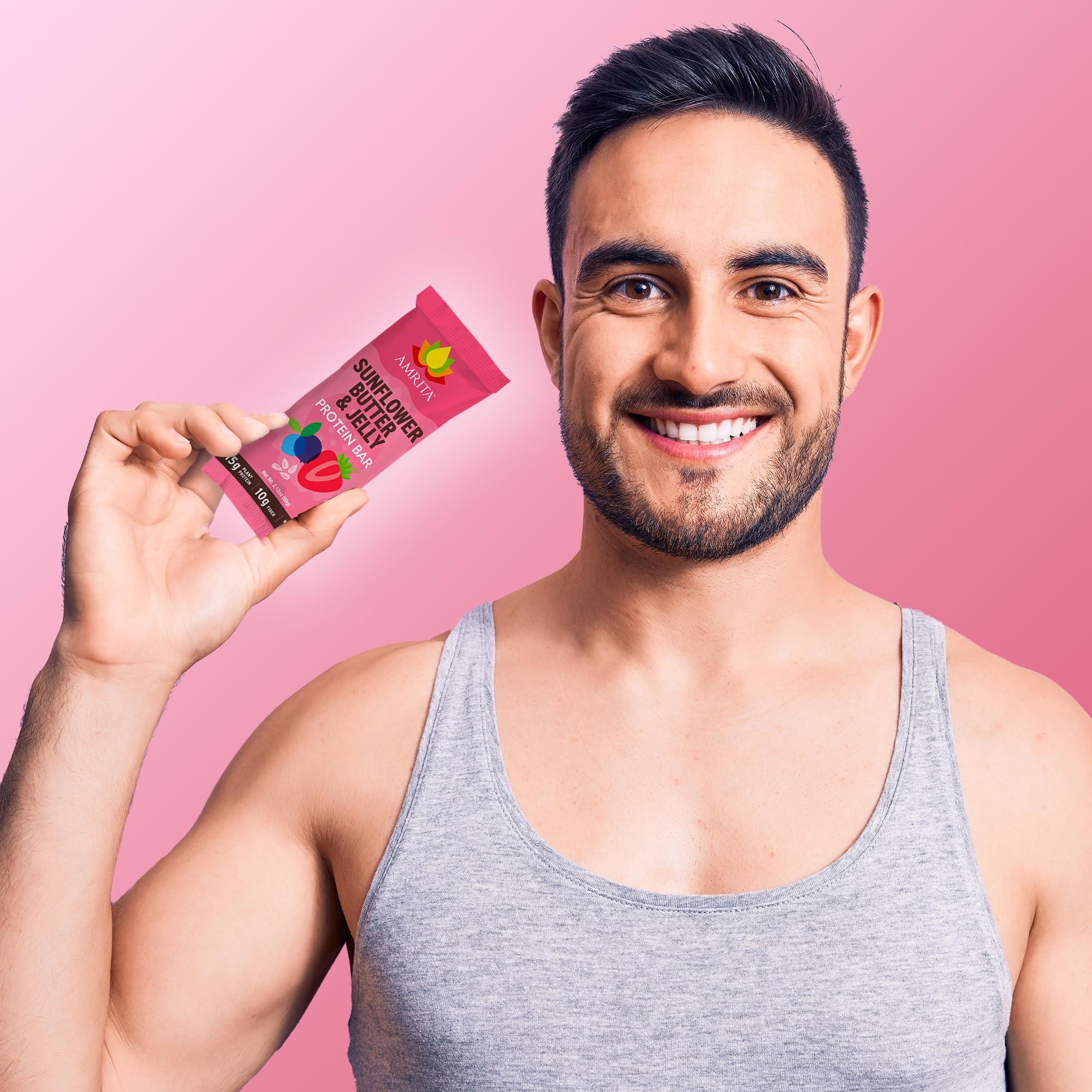 Amrita low-sugar bar icon highlights guilt-free snacking possibility.