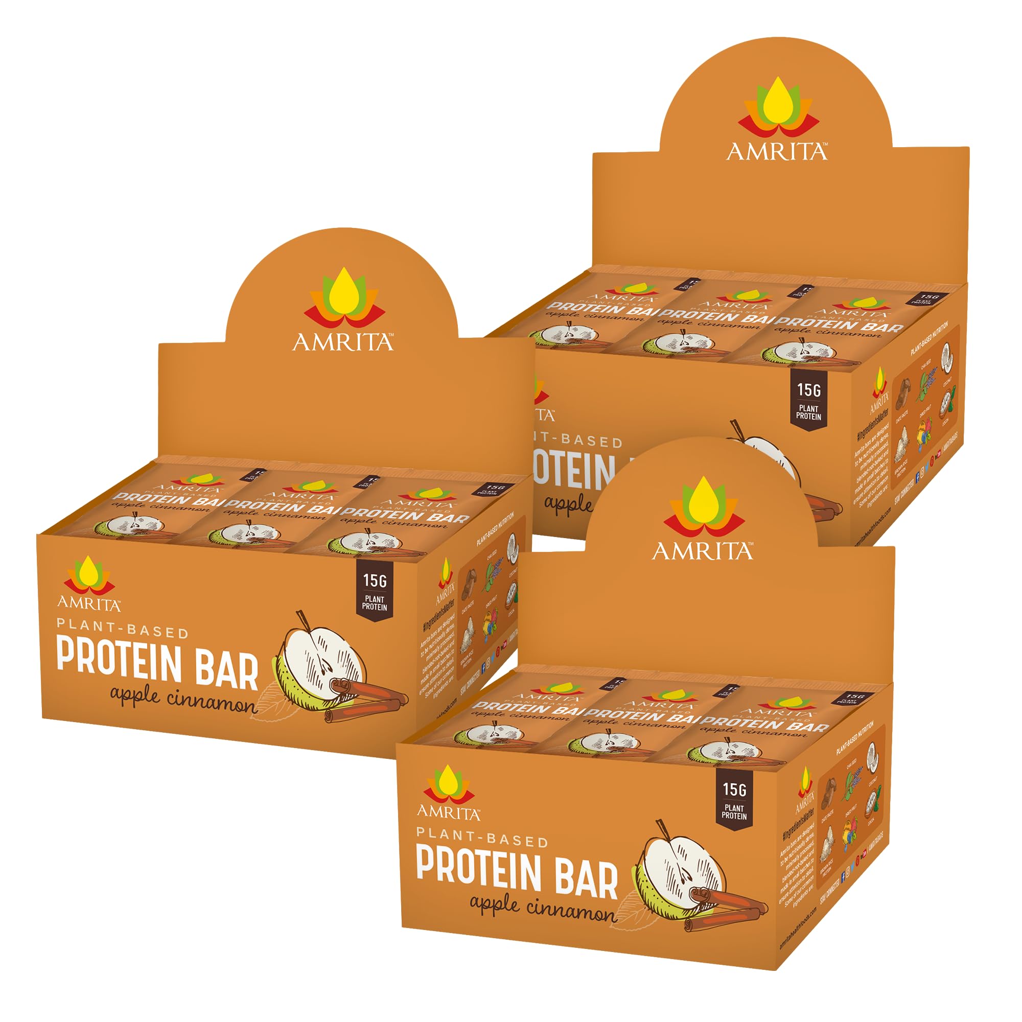 Amrita Nut Free Apple Cinnamon bar hero pack, high-protein plant snack.