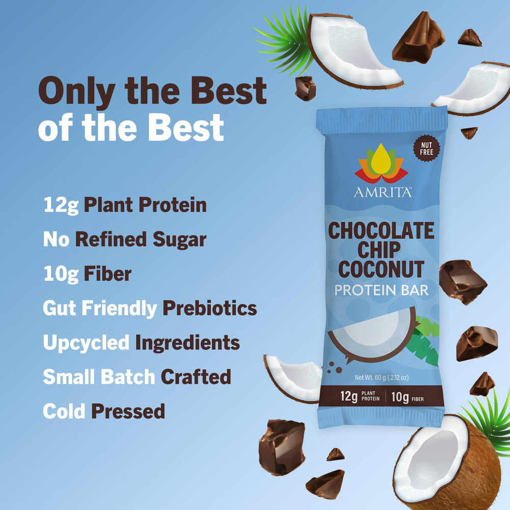 Nutrition panel on Amrita Nut Free Chocolate Chip Coconut bar emphasizing protein and allergen-free profile