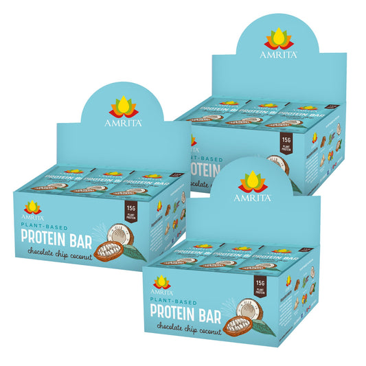 Amrita Nut Free Chocolate Chip Coconut vegan protein bar pack for gluten-free and peanut-free snacking.